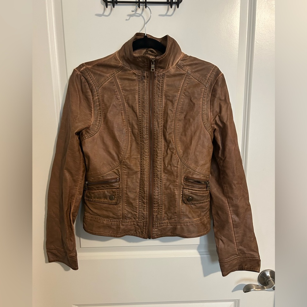 Giacca Brown Faux Leather Moto Jacket – Zip Up – Size Small